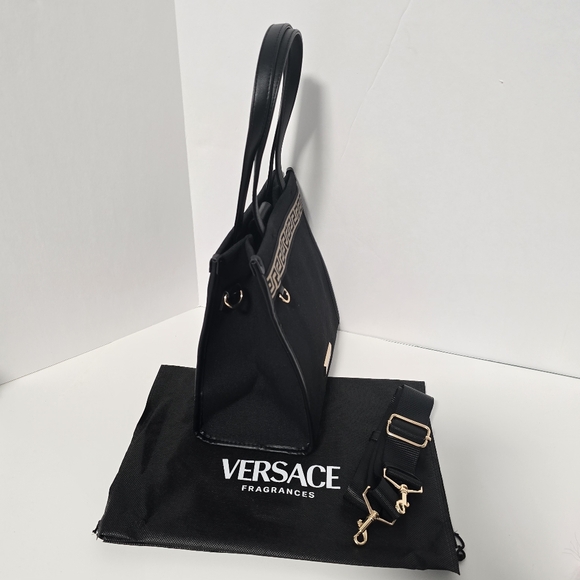 Versace Fragrances Engraved Gold Tone Black Canvas Gold Pattern Tote Handbag New - Picture 5 of 16